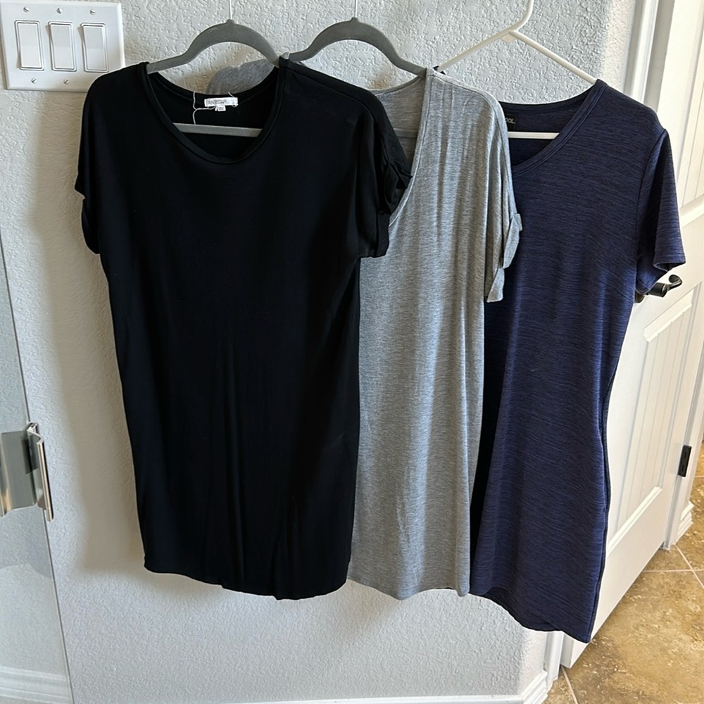3 short dresses blue and gray medium. Black small. All loose fitting.